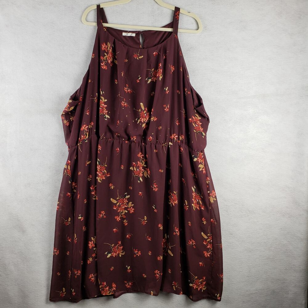 Maurices Women's 4X High Neck Cinch Waist Midi Dress Maroon Floral Dark Fairy